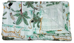 Handmade Indian Kantha Quilt – Hand Block Printed Vintage Boho Queen Size Bedspread & Throw