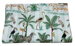 Handmade Indian Kantha Quilt – Hand Block Printed Vintage Boho Queen Size Bedspread & Throw