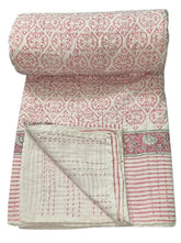 Handmade Indian Kantha Quilt – Hand Block Printed Cotton Bedspread, Twin/Queen/King Sizes