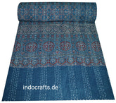 Indischer Ethno Ajrak Print Kantha Quilt Handblockdruck Queen Size Baumwolle Tagesdecke Bettbezug Blaue Decke Überwurf