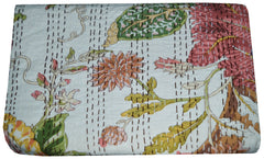 Handmade Indian Patchwork Kantha Blanket, Kantha Throw, Kantha, Hand Sewn Bedspread Bedding, Throw Flower Print Single/Double Size White