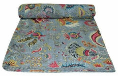 Handgemachte indische Kantha-Steppdecke, Kantha-Decke, Überwurf, Kantha, handgenähte Tagesdecke, Überwurf, Blumendruck, Einzel-/Doppelgröße, graue Farbe