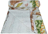 Handmade Indian Patchwork Kantha Blanket, Kantha Throw, Kantha, Hand Sewn Bedspread Bedding, Throw Flower Print Single/Double Size White