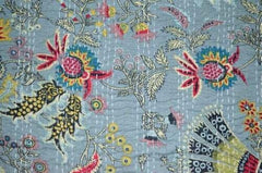Handgemachte indische Kantha-Steppdecke, Kantha-Decke, Überwurf, Kantha, handgenähte Tagesdecke, Überwurf, Blumendruck, Einzel-/Doppelgröße, graue Farbe