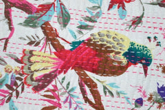 Indischer Kantha Quilt mit weißem Vogeldruck, Kantha Decke, Überwurf, Kantha, handgenähte Tagesdecke, Überwurf mit Blumendruck, Einzel-/Doppelgröße