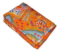 Indischer handgefertigter Kantha-Steppdeckenüberwurf, wendbar, Bettüberwurf, Tagesdecke, Einzel-/Doppelgröße, Baumwolle, Paisley-Druck, Farbe Orange