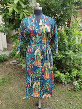 Indischer großer Bademantel aus Baumwolle, Kimono-Morgenmantel, Bademantel, Damen-Nachtwäsche, Anzug, langer Kimono, Blau, Frida Kahlo-Druck
