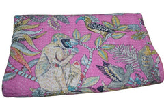Indischer Ethno-Affendruck, Kantha-Steppdecke, Handblockdruck, Queen-Size-Größe, 100 % Baumwolle, Tagesdecke, Bettüberwurf