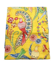 Vintage Indian Kantha Quilt Hand Printed 100% Cotton Bed Cover Bedspread Queen Size Kantha Quilt Yellow Bird print