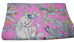 Indischer Ethno-Affendruck, Kantha-Steppdecke, Handblockdruck, Queen-Size-Größe, 100 % Baumwolle, Tagesdecke, Bettüberwurf