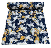 Indian Bird Print Kantha Quilt – Handmade Vintage Cotton Queen Size Bedspread & Throw