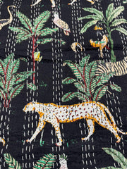 Indian Kantha Quilt Hand Block Print Vintage Kantha Throw Blanket Bedspread Boho Queen Size Cotton Large Animal Print Bed Cover Sofa