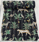 Indischer Kantha Quilt Handblockdruck Vintage Kantha Überwurf Decke Tagesdecke Boho Queen Size Baumwolle Groß Tierdruck Bettbezug Sofa