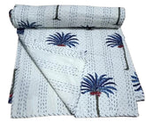 Vintage Blaue Palme Kantha Quilt Indischer Quilt Blockdruck Quilt Tagesdecke Boho Boho Baumwolldecke Überwurf Quilt Handgemacht