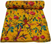 Gelber Vogel Handgemachte indische Kantha-Steppdecke, Kantha-Decke, Überwurf, Kantha, handgenähte Tagesdecke, Überwurf, Blumendruck, Einzel-/Doppelgröße