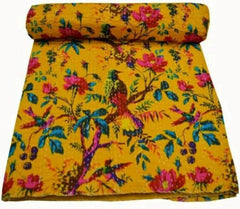 Gelber Vogel Handgemachte indische Kantha-Steppdecke, Kantha-Decke, Überwurf, Kantha, handgenähte Tagesdecke, Überwurf, Blumendruck, Einzel-/Doppelgröße
