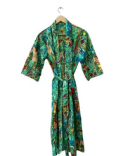 Indian Large Floral Print Bathrobe Cotton Robe, Kimono Dressing Gown Bath Robe Women Nightwear Suit Long Kimono Green Frida Kahlo