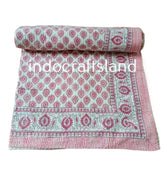 Indian Beautiful Kantha Quilt – Hand Block Floral Print Vintage Kantha Throw, Reversible Cotton Bedspread (Twin/Queen/King Size)