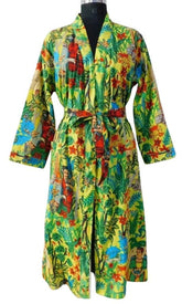 Indian Large Yellow Frida Kahlo Printed Cotton Bathrobe – Women’s Kimono Dressing Gown