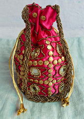 Potli-Tasche mit Spiegelarbeit, indische Ethno-Tasche, Handtasche, Geldbörse für Partys, Hochzeiten und Geschenke für Frauen, Spiegel-Potli, Schmuck-Geldbörse für Frauen, Farbe Rosa