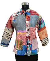 Handgemachte Kantha-Jacke aus Baumwolle, Seiden-Patchwork-Damenkleidung, gesteppter Wendemantel-Kimono, indischer Blockdruck, Vintage-Boho-Weste,
