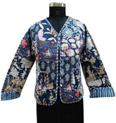 Cotton Handmade Kantha Jacket – Quilted Reversible Blue Patchwork Print Coat & Kimono for Women