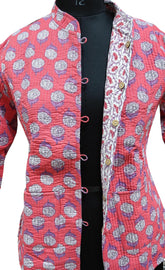 Quilted Reversible Hand Block Printed Boho Floral Jacket – Indian Vintage Handmade Full Sleeve Coat, Pink