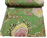 Indian Cotton Big Floral Print Kantha Quilt Bedding Throw Sofa Coverlet Bedspread Queen Size Handmade Vintage Blanket Green Color