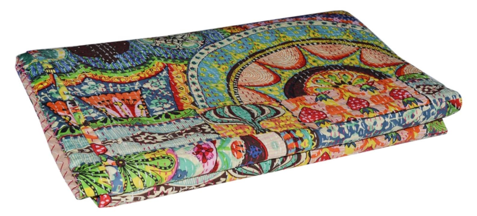 Handmade Indian Multi Patchwork Kantha Quilt – Single & Double Size Bedspread & Throw