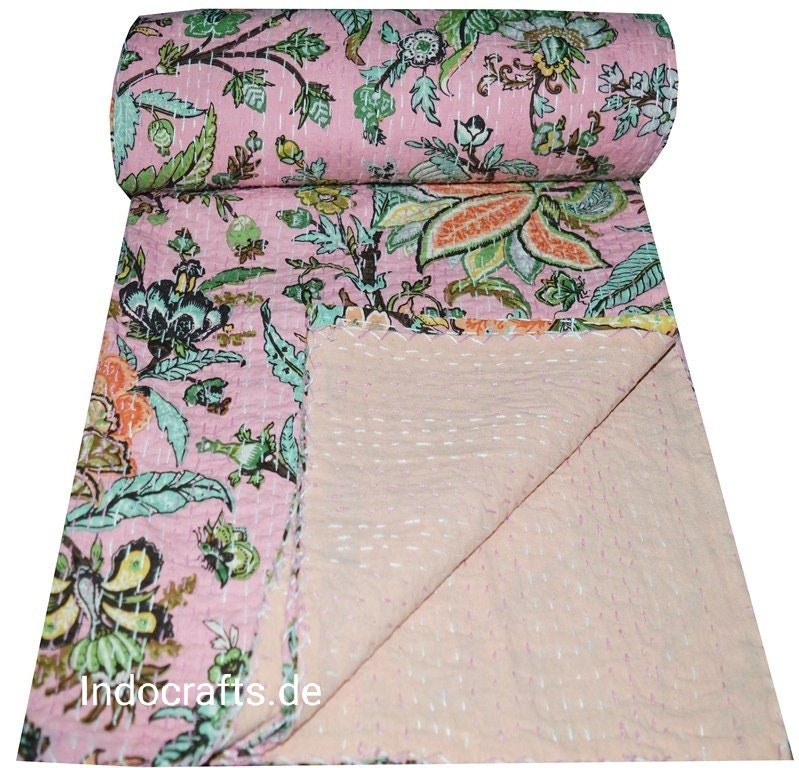 Handmade Indian Patchwork , Kantha Blanket, Kantha Throw, Kantha, Hand Sewn Bedspread Bedding, Throw Flower Print Single/Double Size