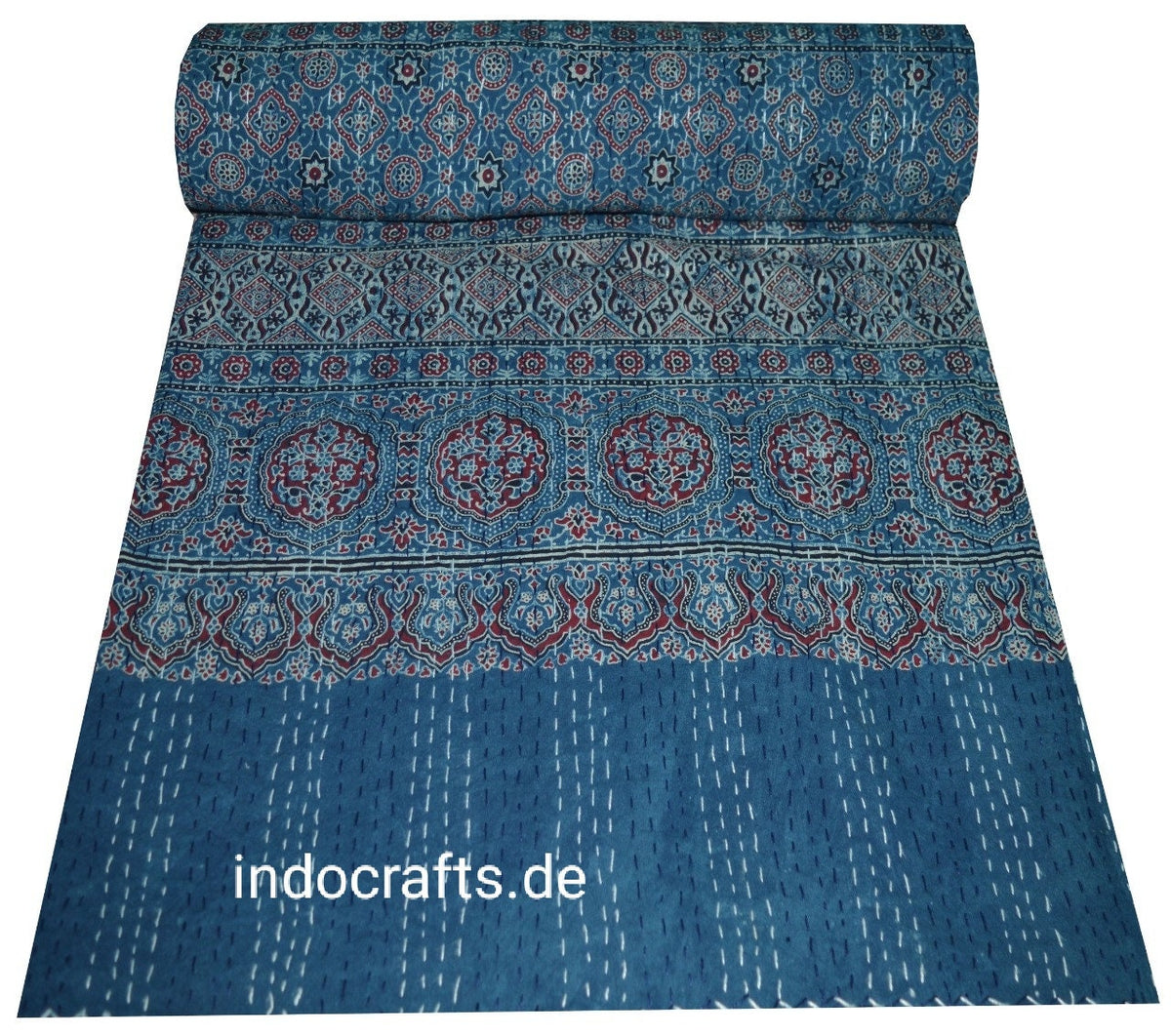 Indischer Ethno Ajrak Print Kantha Quilt Handblockdruck Queen Size Baumwolle Tagesdecke Bettbezug Blaue Decke Überwurf