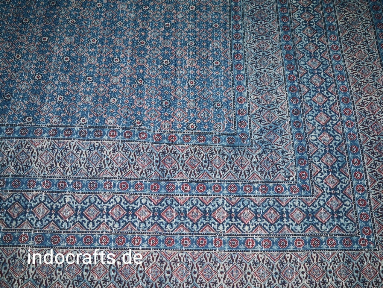 Indischer Ethno Ajrak Print Kantha Quilt Handblockdruck Queen Size Baumwolle Tagesdecke Bettbezug Blaue Decke Überwurf