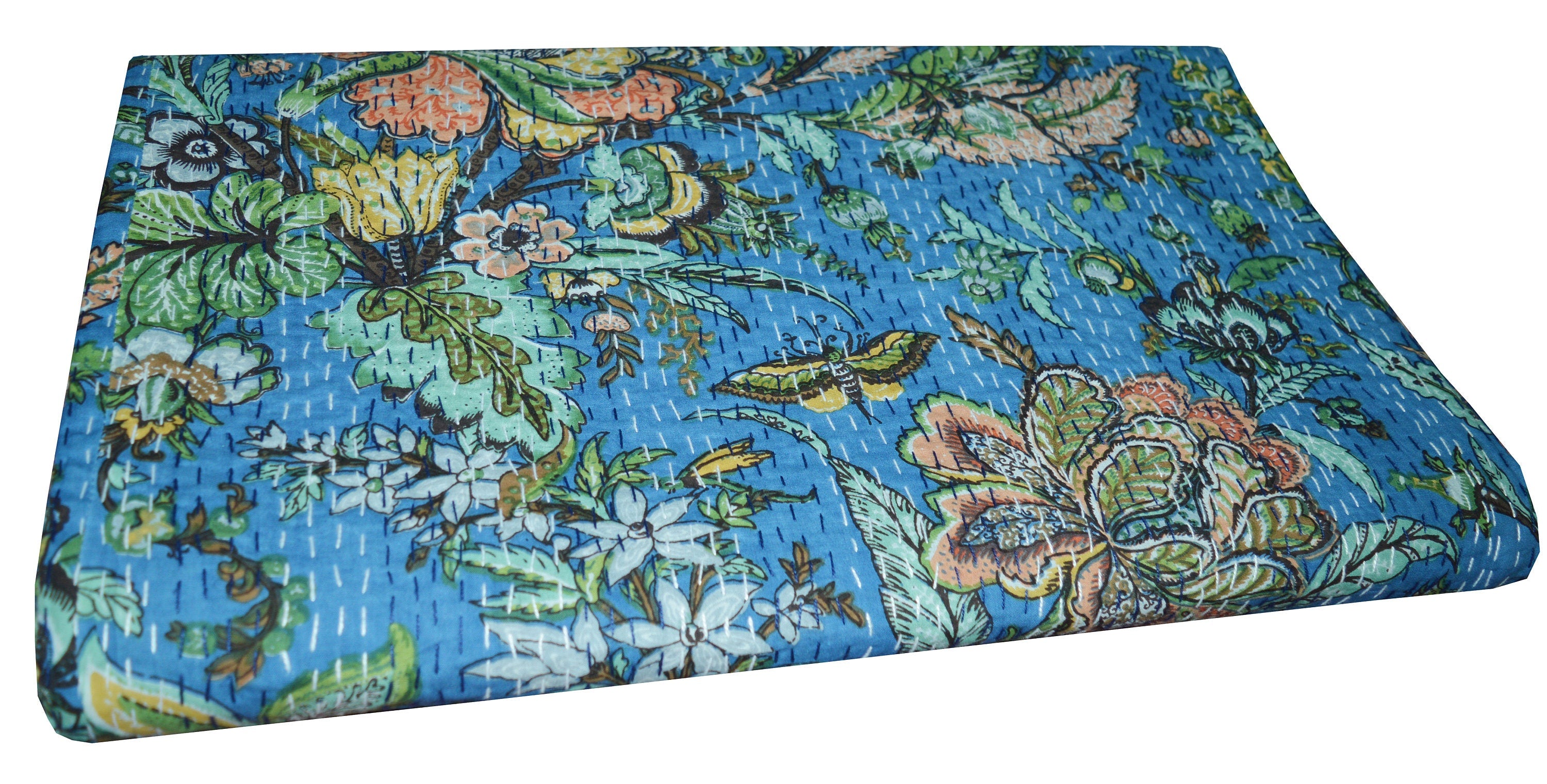 Handgemachte indische Kantha-Steppdecke, Kantha-Decke, Überwurf, Kantha, handgenähte Tagesdecke, Überwurf mit Blumendruck, Doppelgröße