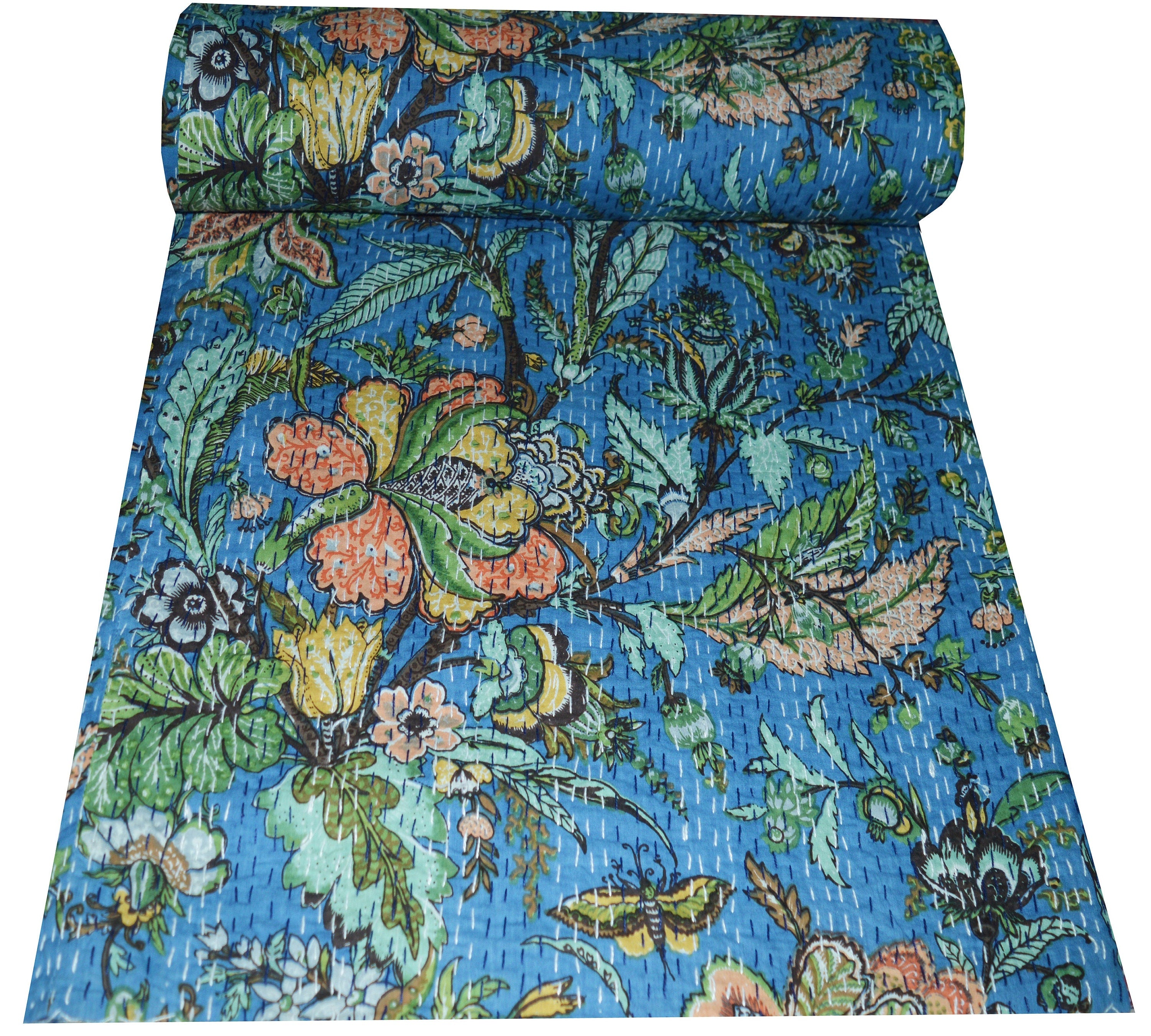 Handgemachte indische Kantha-Steppdecke, Kantha-Decke, Überwurf, Kantha, handgenähte Tagesdecke, Überwurf mit Blumendruck, Doppelgröße