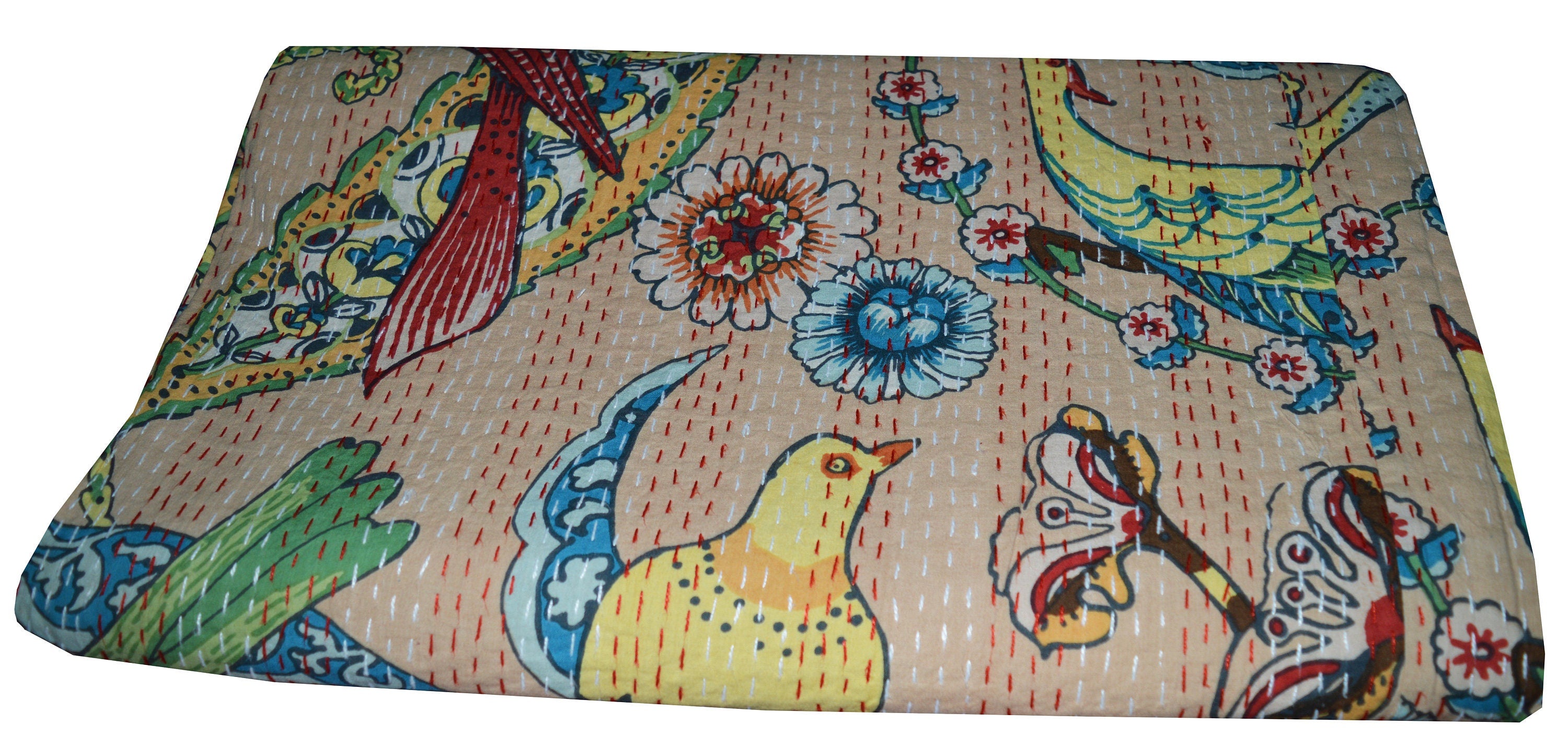 Handgemachte indische Kantha-Steppdecke, Kantha-Decke, Überwurf, Kantha, handgenähte Tagesdecke, Überwurf mit Blumen- und Vogeldruck, Doppelgröße