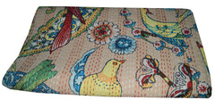 Handgemachte indische Kantha-Steppdecke, Kantha-Decke, Überwurf, Kantha, handgenähte Tagesdecke, Überwurf mit Blumen- und Vogeldruck, Doppelgröße