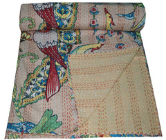 Handgemachte indische Kantha-Steppdecke, Kantha-Decke, Überwurf, Kantha, handgenähte Tagesdecke, Überwurf mit Blumen- und Vogeldruck, Doppelgröße