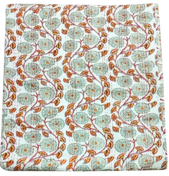 Indian Kantha Quilt Block Printed Kantha Blanket Cotton Kantha Bedspread Handmade Kantha Throw Queen Size Kantha Bed Throw