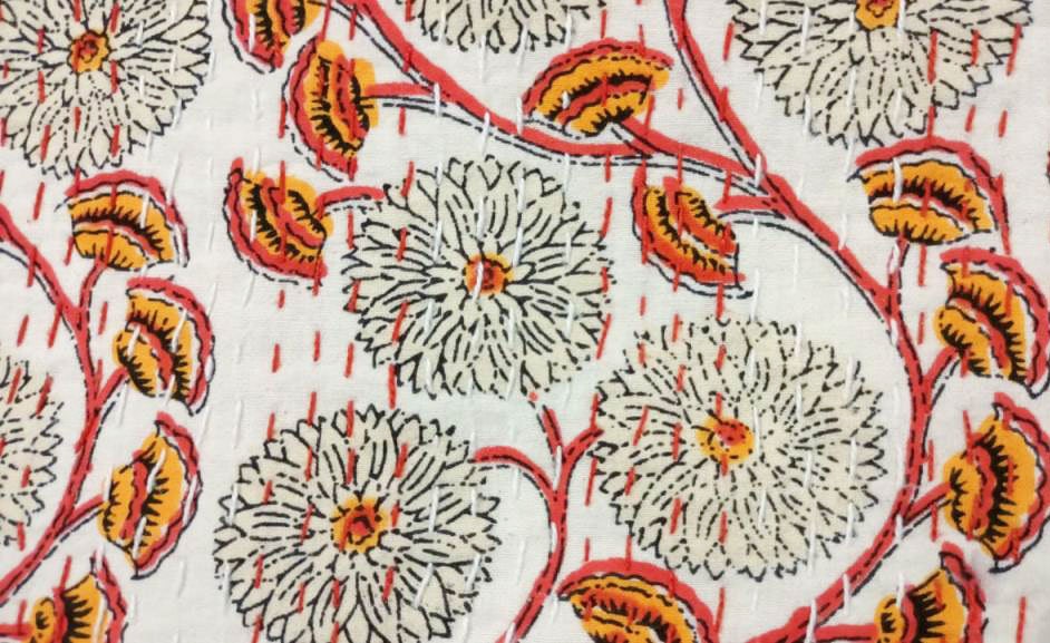 Indian Kantha Quilt Block Printed Kantha Blanket Cotton Kantha Bedspread Handmade Kantha Throw Queen Size Kantha Bed Throw