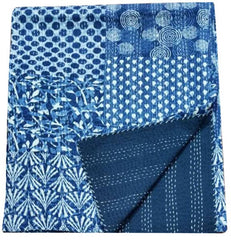 Blue Indigo Kantha Quilt – Boho Queen Size Kantha Throw with Block Print