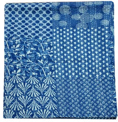 Blue Indigo Kantha Quilt – Boho Queen Size Kantha Throw with Block Print