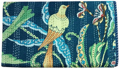 Vintage Indian Kantha Quilt Hand Printed 100% Cotton Bed Cover Bedspread Queen Size Kantha Quilt Bird print