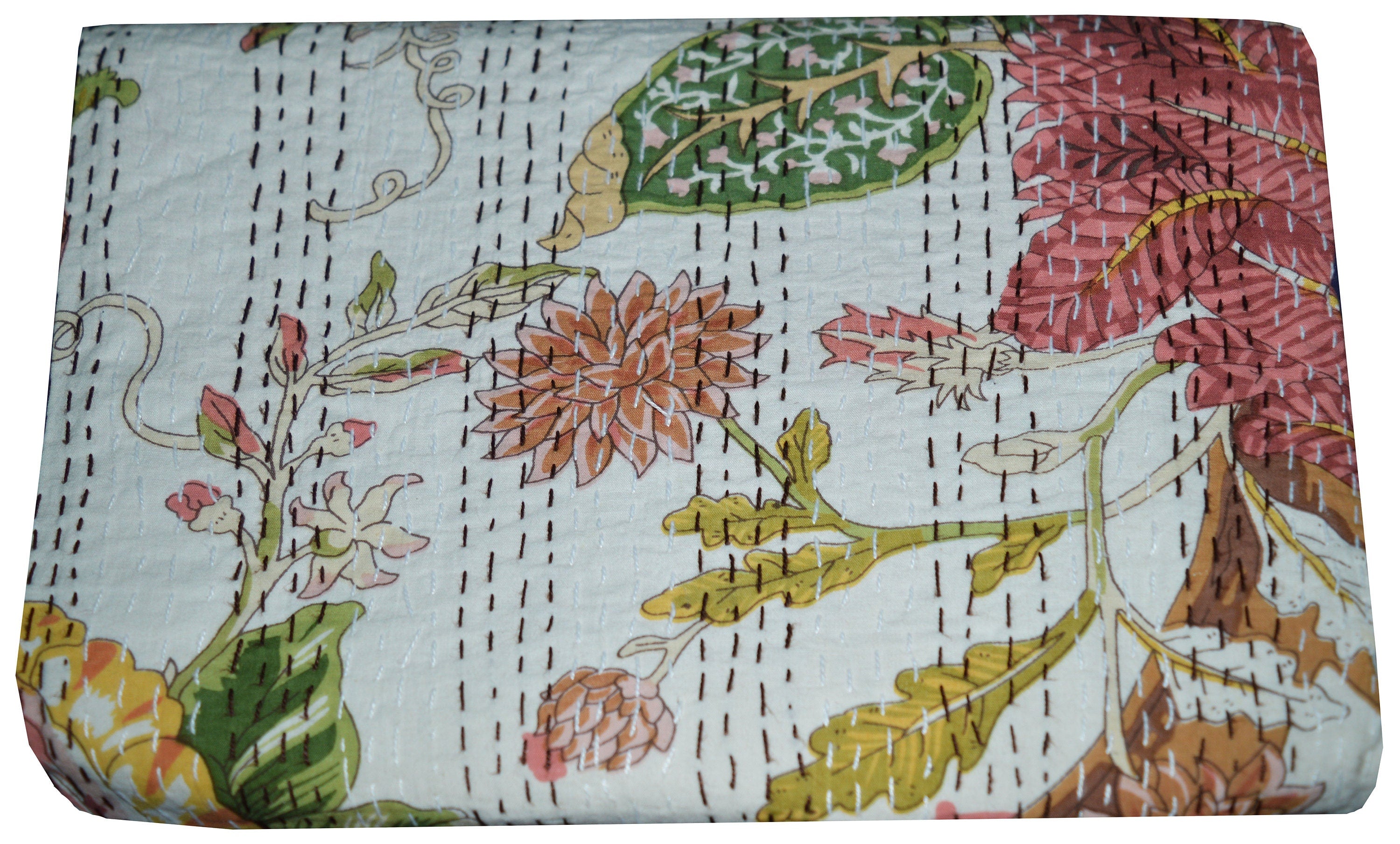 Handmade Indian Patchwork Kantha Blanket, Kantha Throw, Kantha, Hand Sewn Bedspread Bedding, Throw Flower Print Single/Double Size White