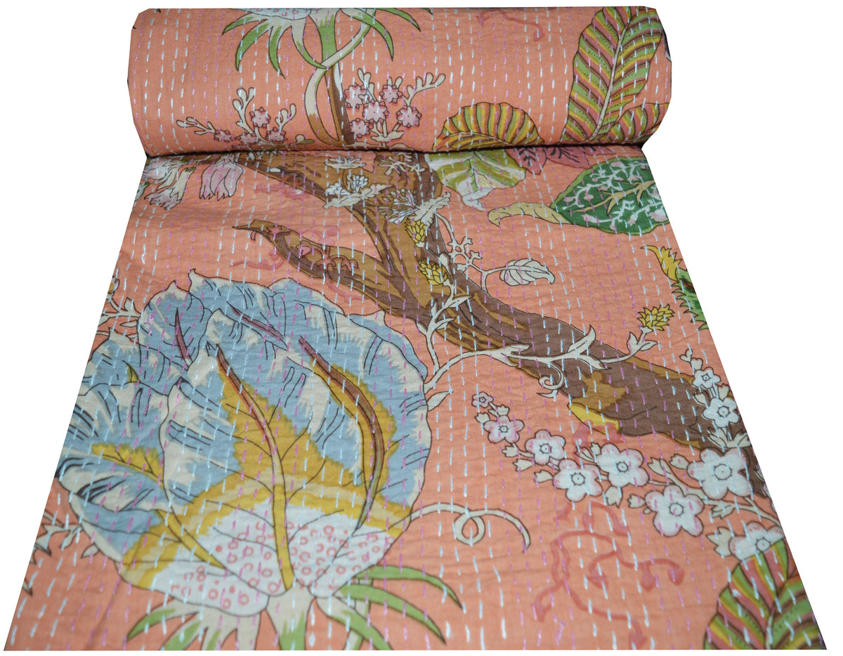 Handgemachte indische Kantha-Decke, Kantha-Überwurf, Kantha, handgenähte Tagesdecke, Überwurf mit Blumendruck, Einzel-/Doppelgröße
