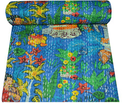 Indian Handmade Kantha Quilt Blanket – Single Size Cotton Bedspread & Throw, Hand Block Print Kantha Gudari