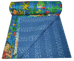 Indian Handmade Kantha Quilt Blanket – Single Size Cotton Bedspread & Throw, Hand Block Print Kantha Gudari