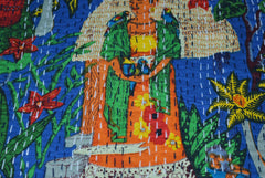 Indian Handmade Kantha Quilt Blanket – Single Size Cotton Bedspread & Throw, Hand Block Print Kantha Gudari
