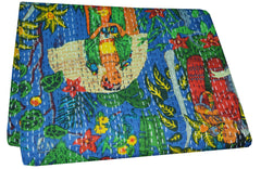 Indian Handmade Kantha Quilt Blanket – Single Size Cotton Bedspread & Throw, Hand Block Print Kantha Gudari