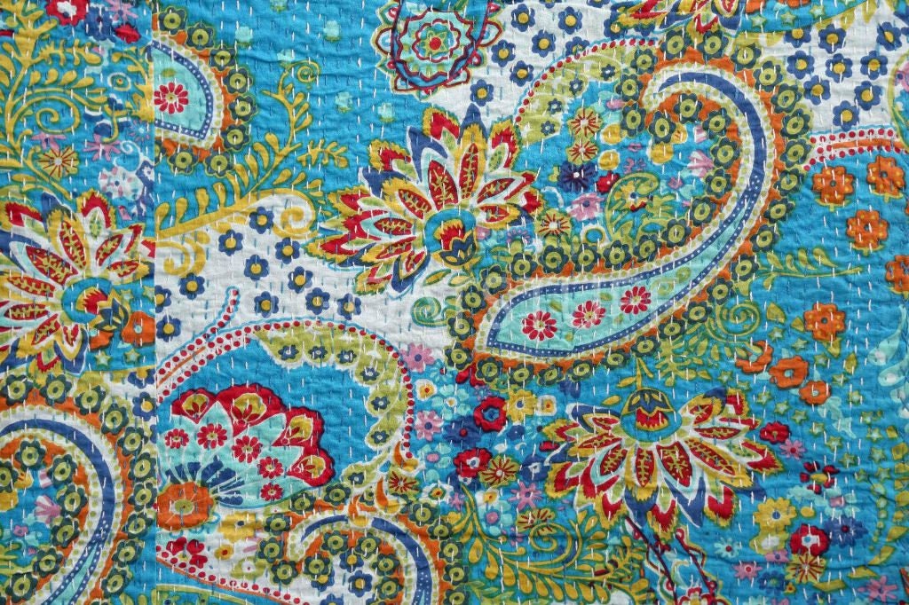 Handmade Kantha Quilt Blanket – Single Size Cotton Bedspread with Turquoise Paisley Print