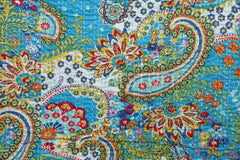 Handmade Kantha Quilt Blanket – Single Size Cotton Bedspread with Turquoise Paisley Print
